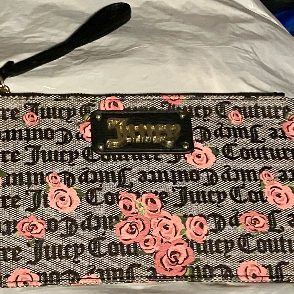 Juicy Couture Furget Me Not Black and Pink Floral Faux Leather Zipper Wristlet